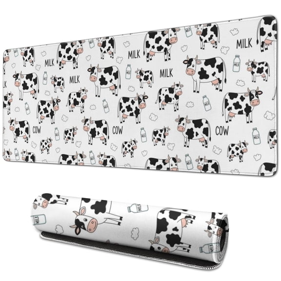 Long Mouse Pads for Desk,White Cow Milk Cow Pattern Desk Mats on Top Of Desks, Desk Mouse Pad Extra Large with 3mm Non-Slip Base and Stitched Edge for Gaming,Office,Work,Home 31.5"x11.8"
