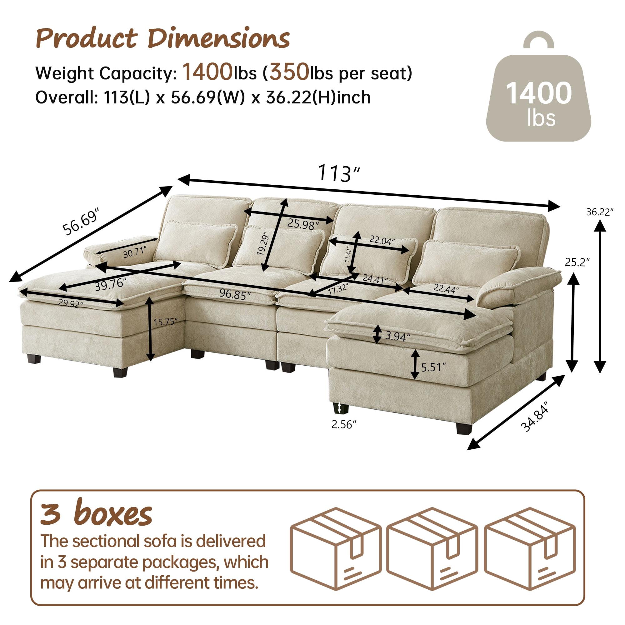 Pingliang Home Oversized Sectional Sofa U Shaped Couch 4 Seat with 4 Waist Pillows,Chenille Upholstery Symmetrical Sleeper Sofa Cloud Couch with Double Chaise Lounge for Living Room Apartment Office