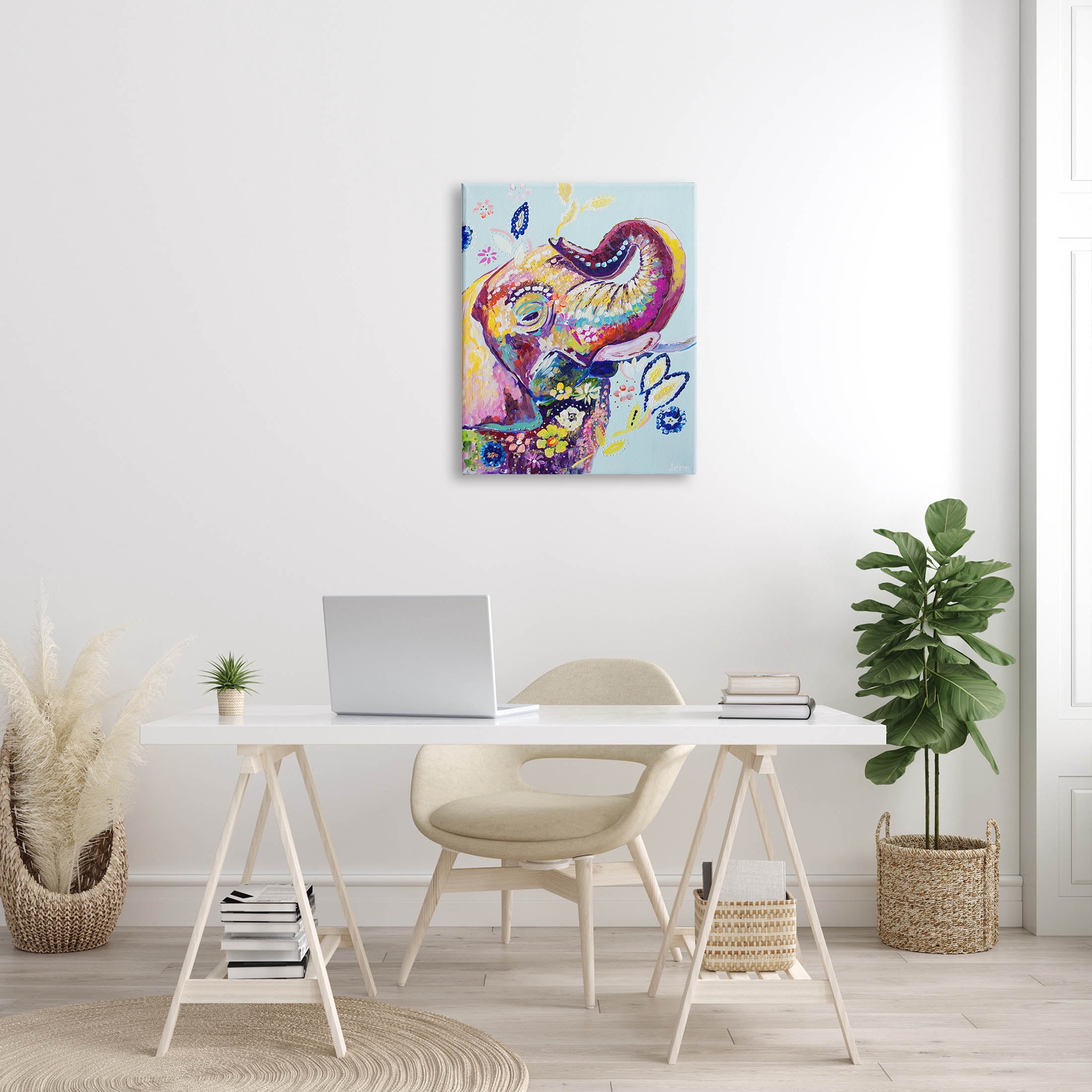 Floral Pattern Fun Elephant Animals & Insects Painting Gallery Wrapped Canvas Print Wall Art
