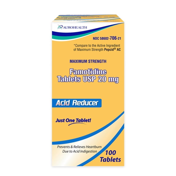 Aurohealth Acid Reducer for Heartburn and Indigestion Relief, 20mg Famotidine, 100 Tablets
