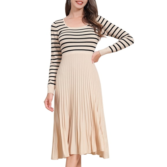 IDOPIP Womens Long Sleeve Striped Midi Dresses 2024 Square Neck Ribbed Knit Pleated A Line Sweater Dress