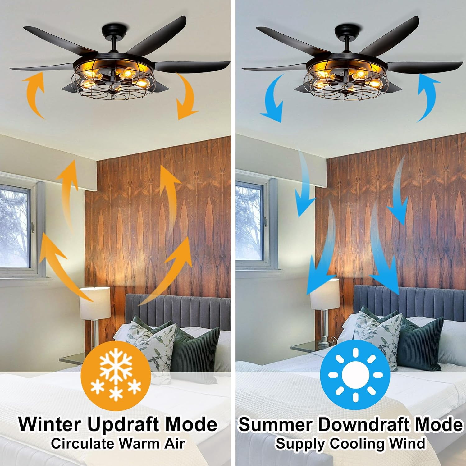 Ohniyou 52" Caged Outdoor Ceiling Fan with Light and Remote Farmhouse Rustic Black Ceiling Fans for Patio Home Kitchen Bedroom