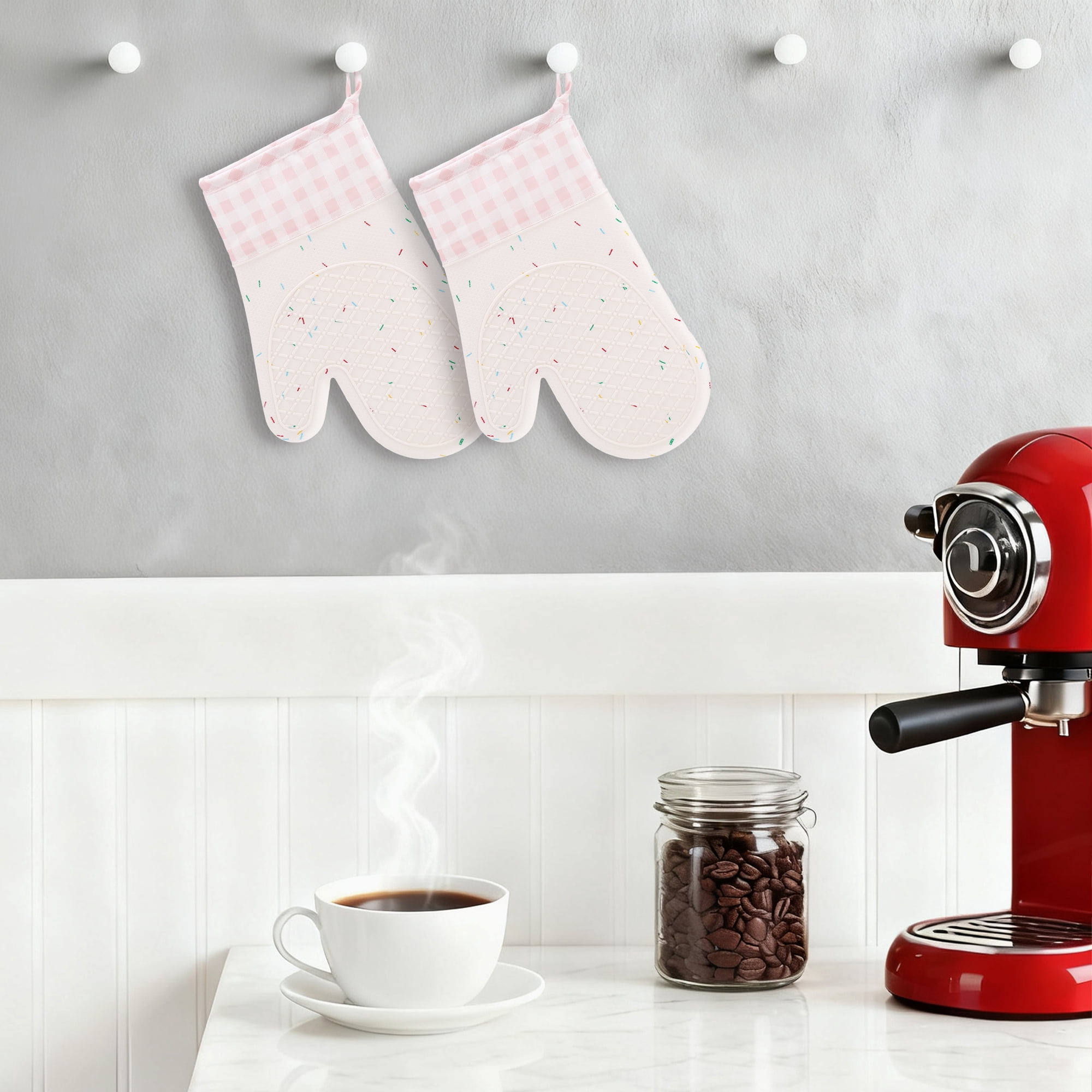 Unique Bargains Cotton Oven Mitts Heat Resistant Cooking Gloves Pink 11.4x7.3x7.3inch