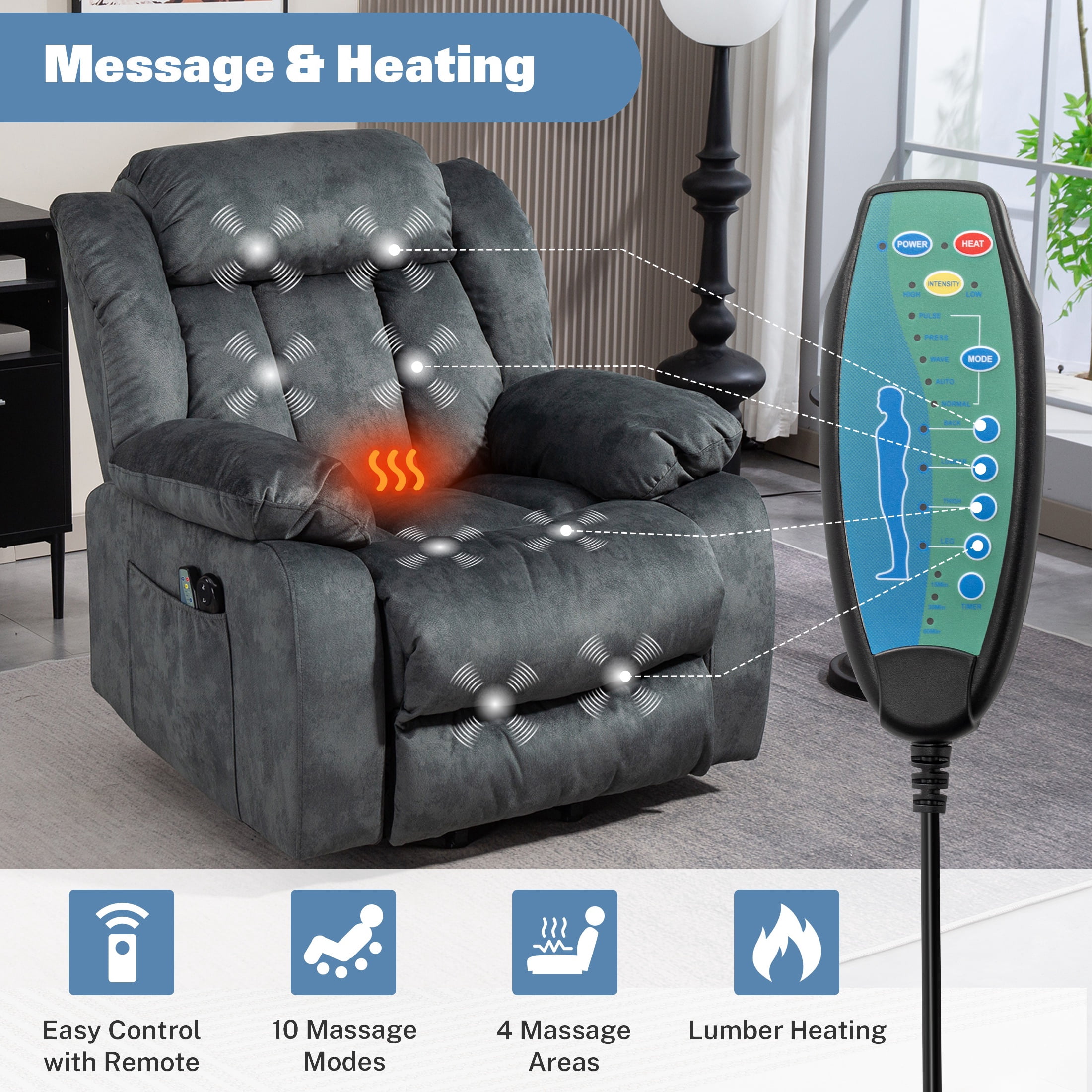 Power Lift Recliner Chair with Massage and Heat Therapy, Heavy Duty Electric Recliner for Elderly with Side Pockets, for Living Room, Bedroom, Home Theater, Grayish Blue
