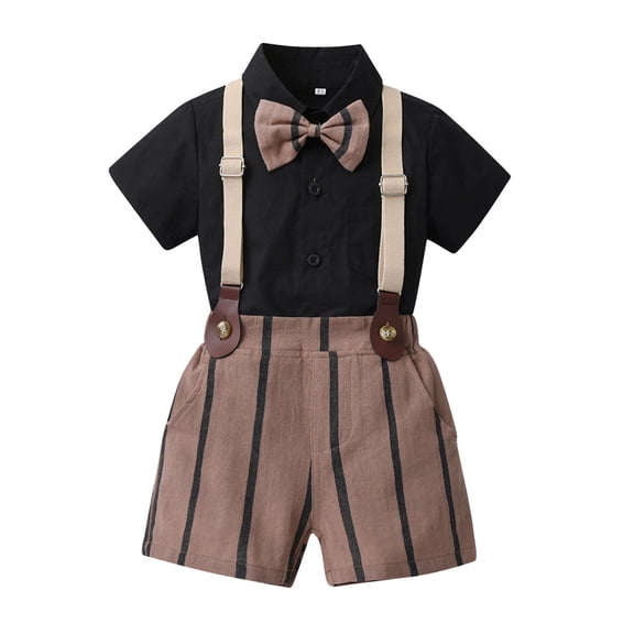 Conairie Toddler Baby Boy Gentleman Outfit Short Sleeve Shirts Bowtie Suspender Shorts Set Clothes Black 18-24 M
