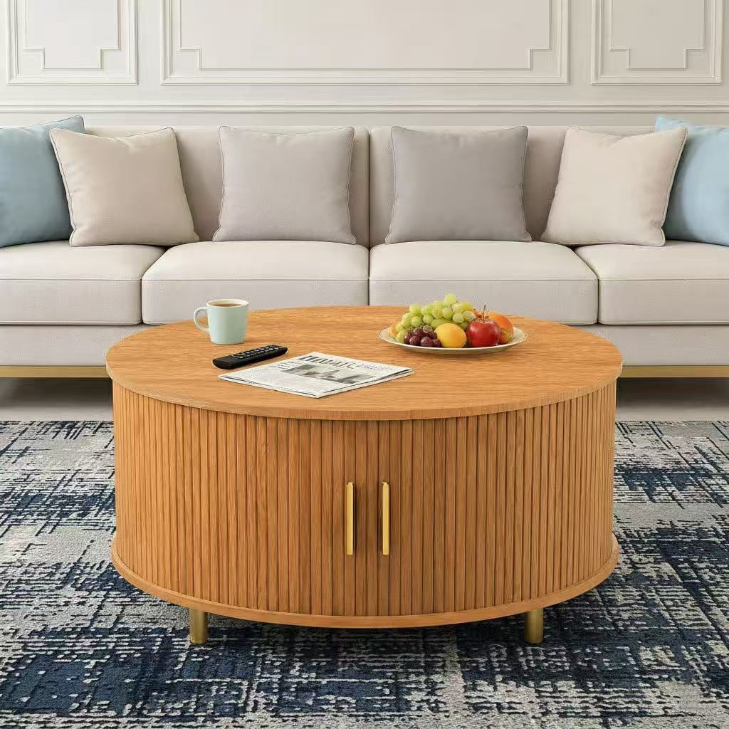 AISWORD Round Coffee Table with 360° Sliding Door, Fluted Accent Coffee Table with Storage Adjustable Footpads for Living Room, Yellow