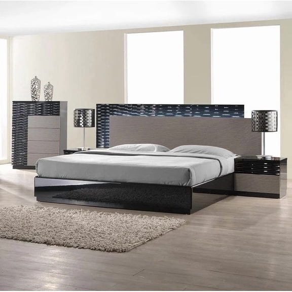 Modern Eastern King Size Bedroom Set 3Pc LED Platform Bed, Nightstand and Chest, Lacquer Finish, Black/Gray