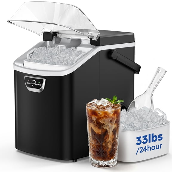 SIMZLIFE Countertop Nugget Ice Maker 33Lbs/24H, 5-Min Ice Cycle, Self-Cleaning, Portable Ice Machine with Basket & Scoop, Black