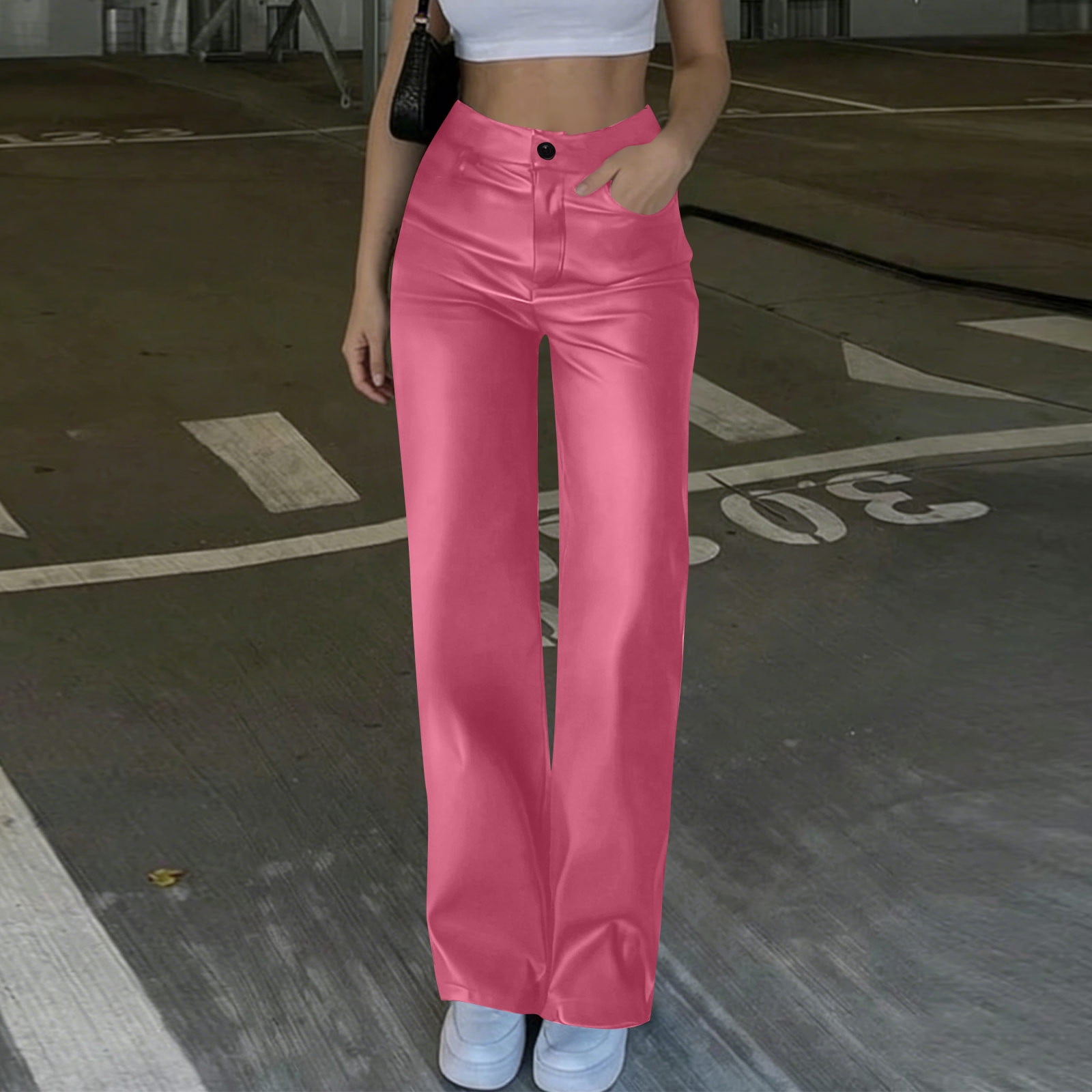Moxiu Women's Casual Faux Leather Pants High Waisted Button Elastic Loose Straight Leg Hot Pink,S