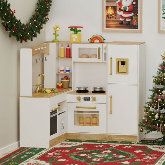 LAZY BUDDY Corner Play Kitchen, Wooden Kids Kitchen Playset with Light & Sound, Toddler Interactive Pretend Toy