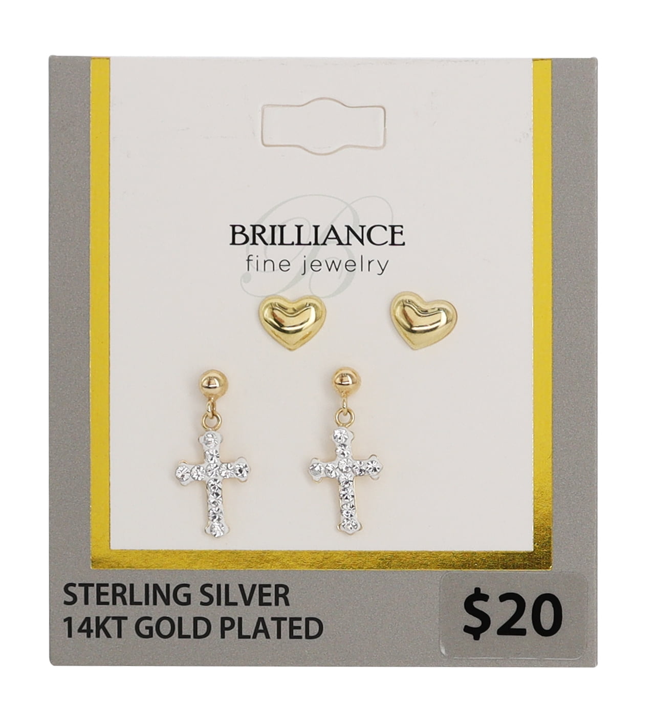 Brilliance Fine Jewelry 14K Gold Plated Sterling Silver Crystal Cross and Heart Studs Children’s Earrings Set