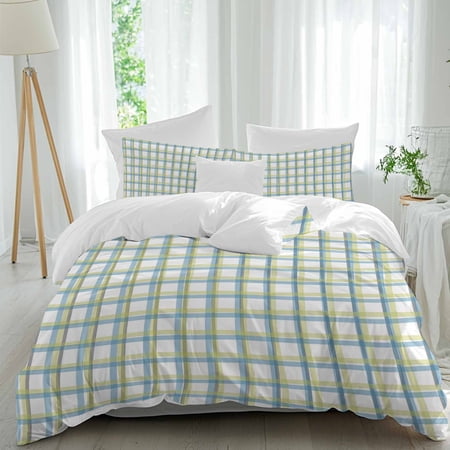 3 Piece Turquoise Green Plaid,Duvet Cover Set Full Size,Microfiber Comforter/Quilt Cover with Corner Ties and 2 Pillowcases,Abstract Minimalistic Geometric Grid All Season Bedding with Zipper Closure