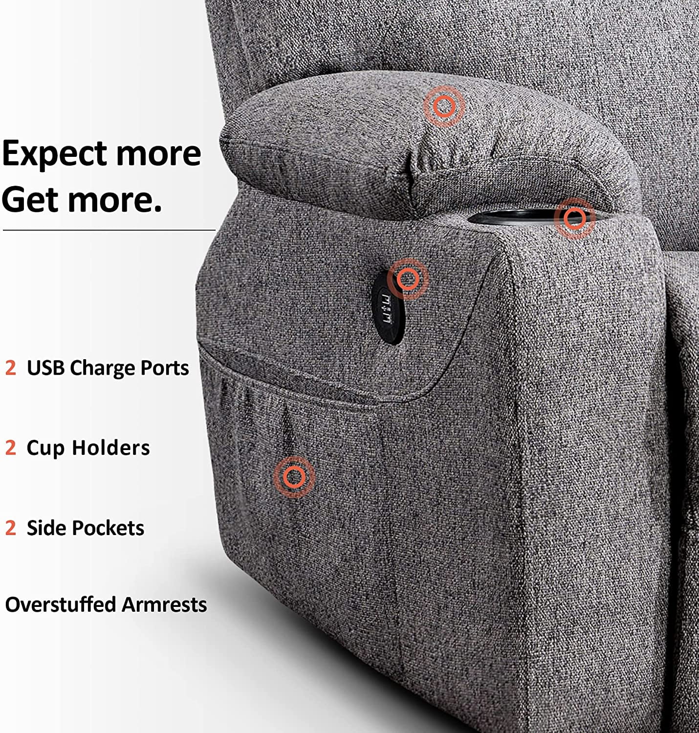 MCombo Electric Power Lift Recliner Chair with Massage and Heat for Elderly, 3 Positions, 2 Side Pockets, and Cup Holders, USB Ports, Fabric 7040 Dark Gray