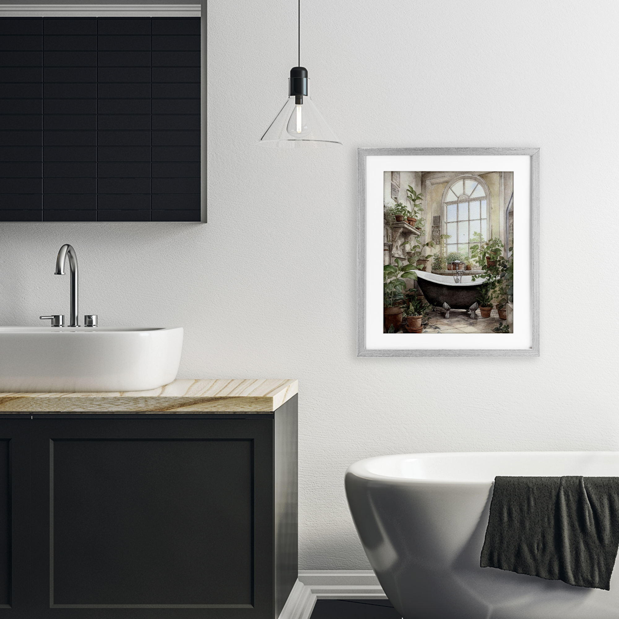 Vintage Sun Lit Bathtub Gray Framed Print Under Glass, design by Lettered and Lined