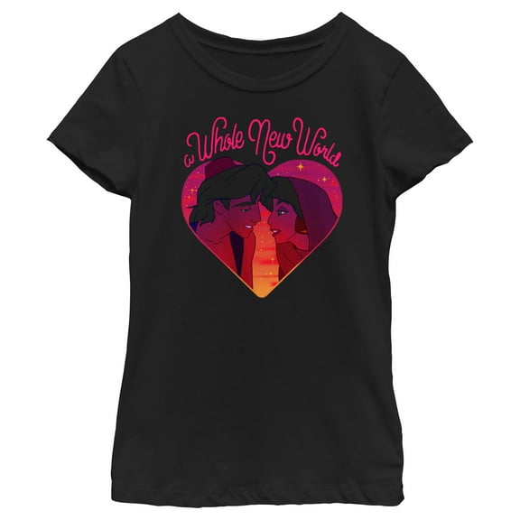 Girl's Aladdin Whole New World Heart Couple  Graphic Tee Black Large