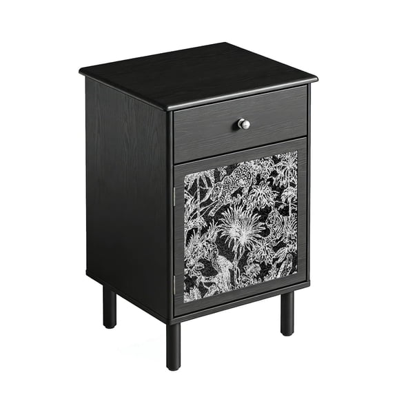 1 Black Vintage Night Stand with Drawer and Cabinet, Wood Bedside Table