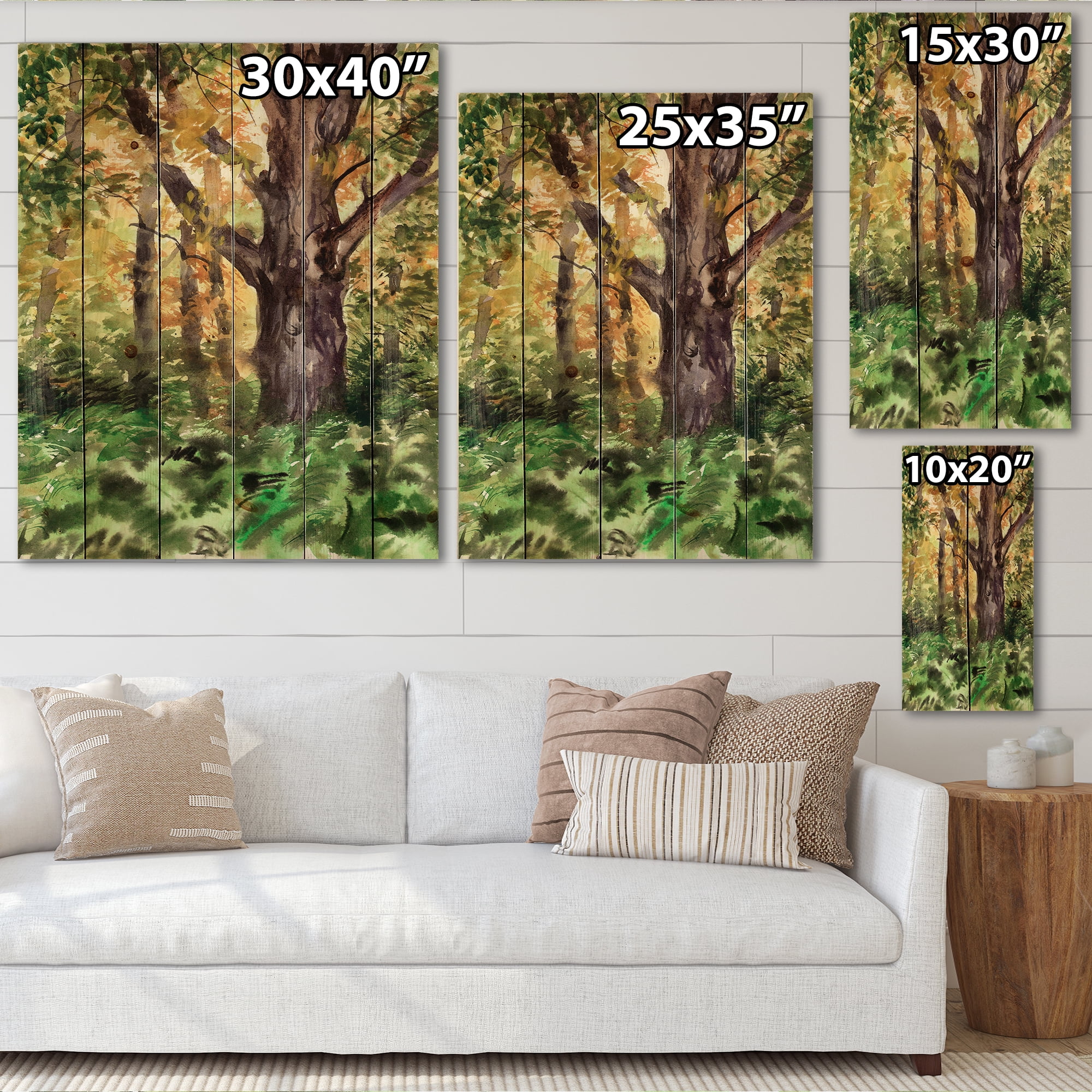 Designart 'Autumn Forest With A Large Tree' Lake House Print on Natural Pine Wood