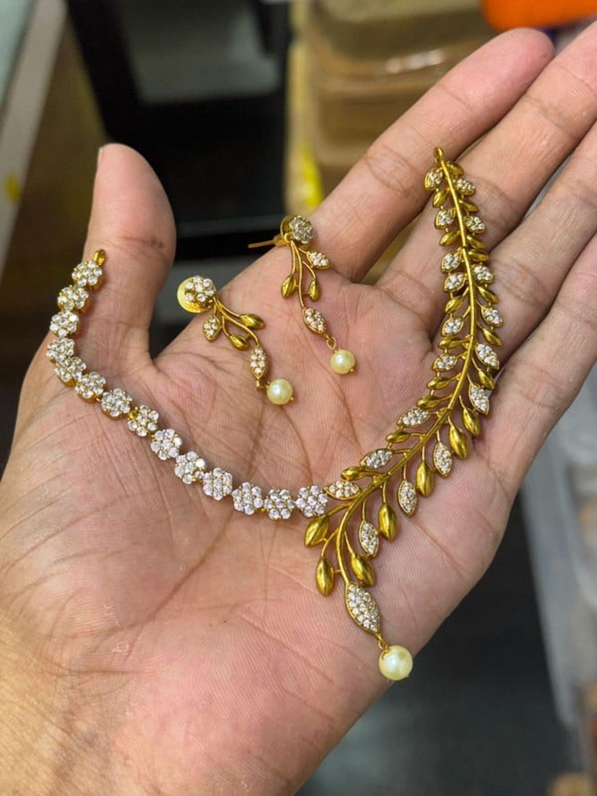 Indian Ethnic Gold Necklace Choker Set - Dainty South Indian Short Necklace with White CZ Stones, Temple Bridal Jewelry, One Gram Jewelry for Weddings