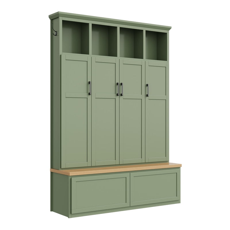 Modern Farmhouse Hall Tree with Bench and Storage Cabinets, Entryway Coat Rack with 6 Hooks, 4 Hidden Cabinets, Drawers and Open Shelves, Mudroom Organizer for Hallway, Living Room