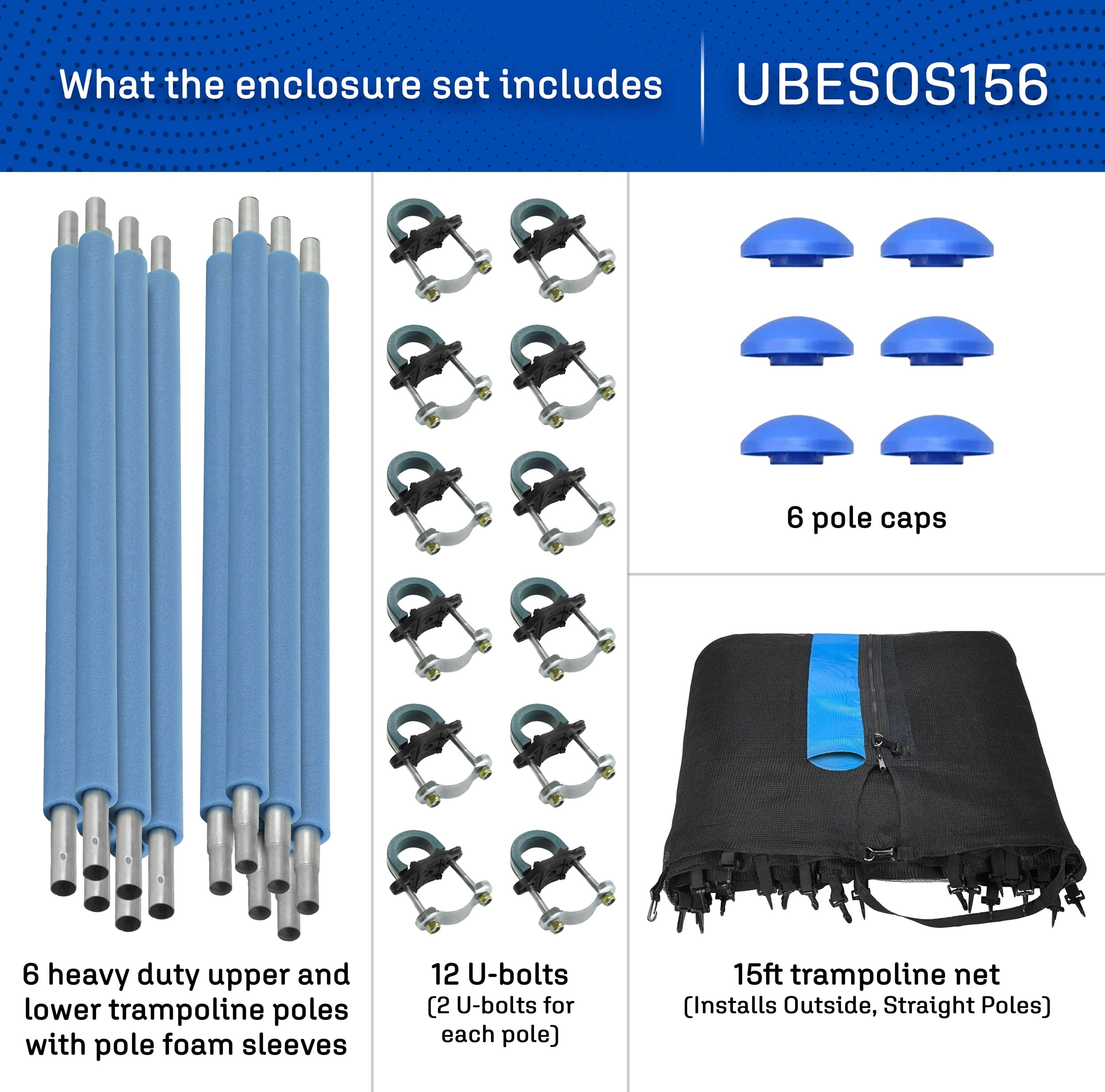 Machrus Upper Bounce Trampoline Safety Enclosure Set including Trampoline Net, 6 Trampoline Poles, Caps and Trampoline Pole Foam Sleeves - For 15ft Round Trampoline Frame - Installs Outside the Frame