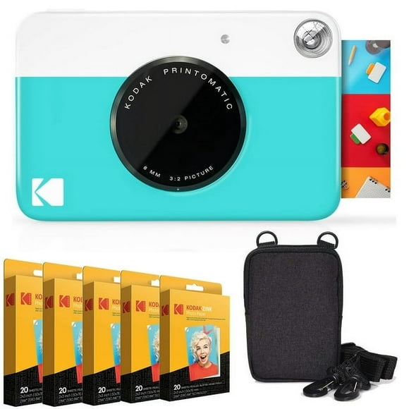 Kodak Printomatic Instant Camera Bundle with Zink Photo Paper 100-Pack & Case (Blue)