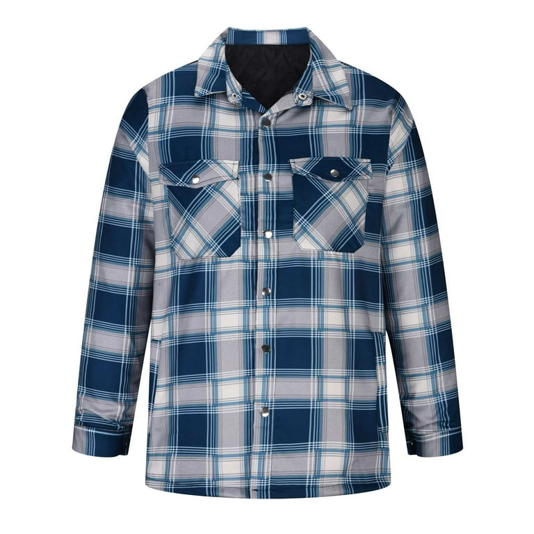 Men's Lined Hooded Flannel Shirt Jacket Quilted Plaid Coat Button Down  Plaid Button Up Winter Jackets