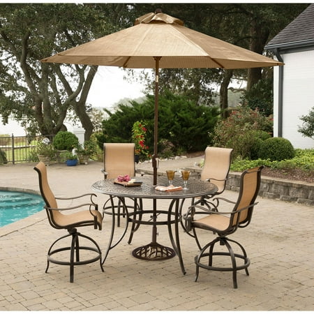 Hanover Manor 5 Piece Outdoor High Dining Bar Set With Umbrella And Stand
