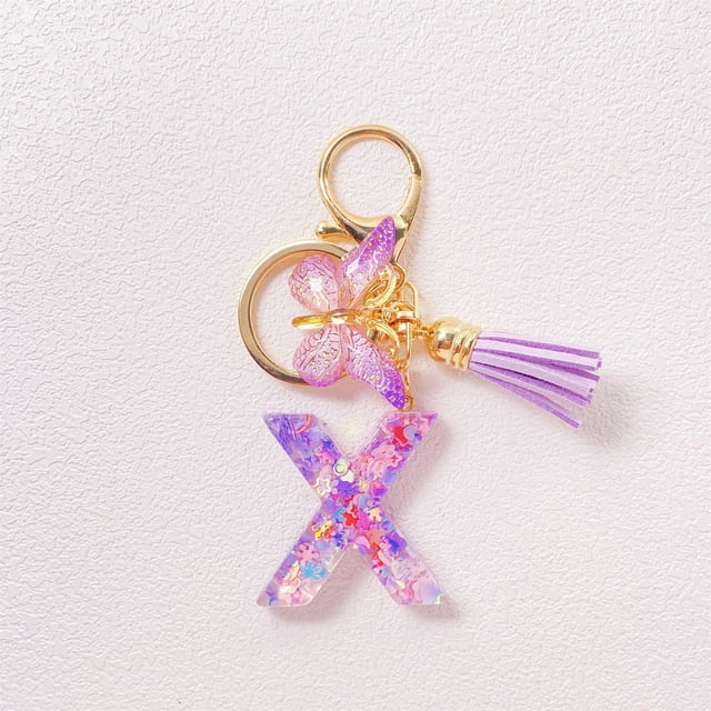 Initial Letter Keychains For Women Tassel Purple Cute Car Keychain For Wallet Backpack Bag