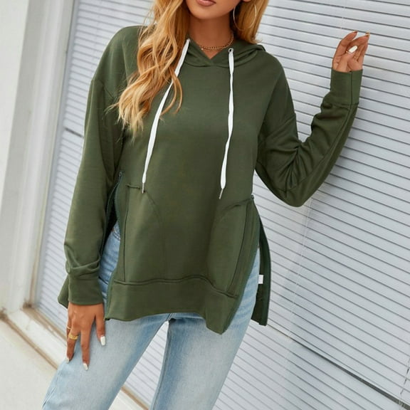 QUINDOS Women's Hoodies and Sweatshirts Zip up Tunic Sweatshirts for Women Plus Size Casual Long Sleeve Crew Neck Plain Pullover Tops