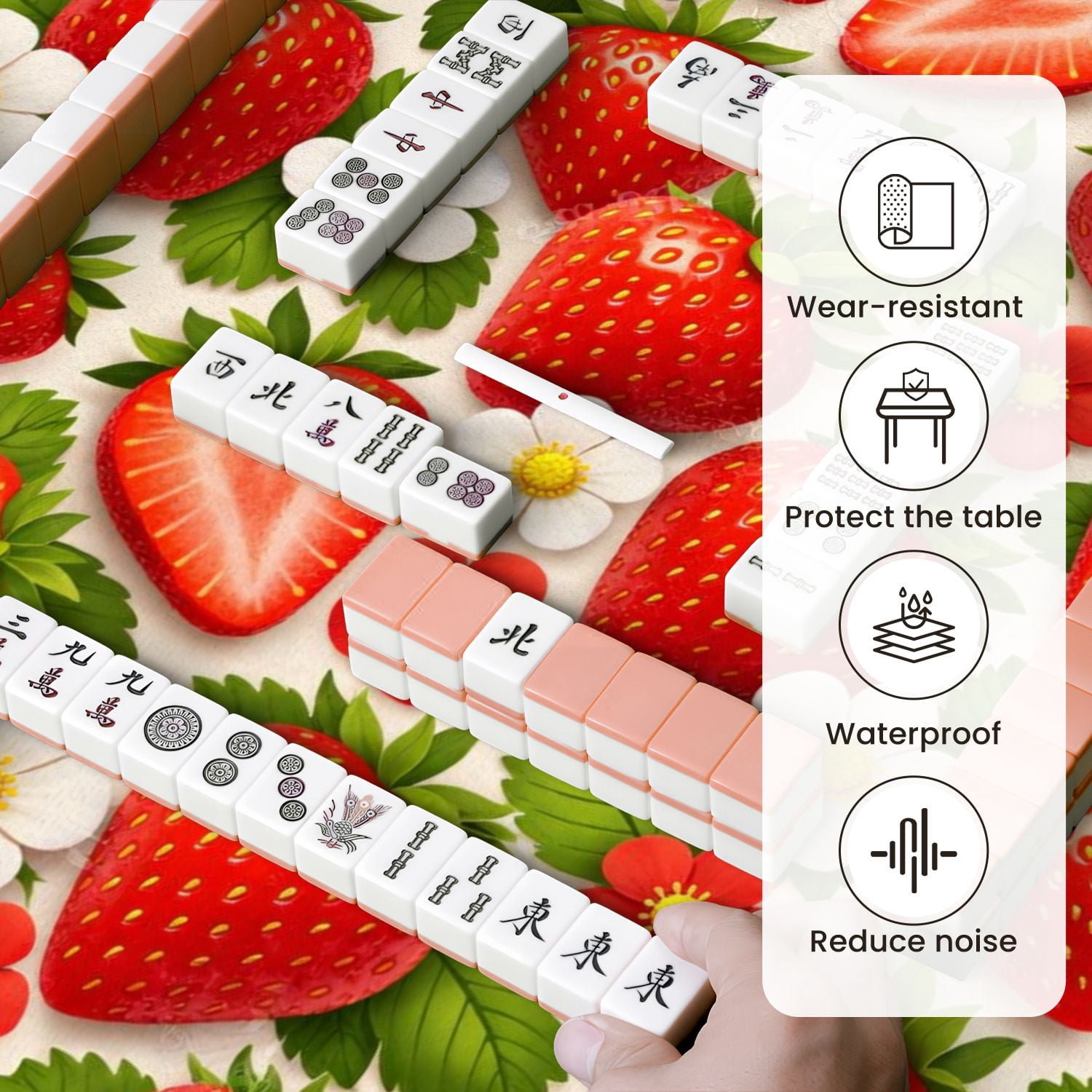 Mahjong Mat 31.5" x 31.5" Seamless Strawberry Red Berries Green Leaves Anti-Slip and Noise Reduction Symmetry Design Mahjong Tiles Table Cover for Dominoes Poker Card Board and Tile Games