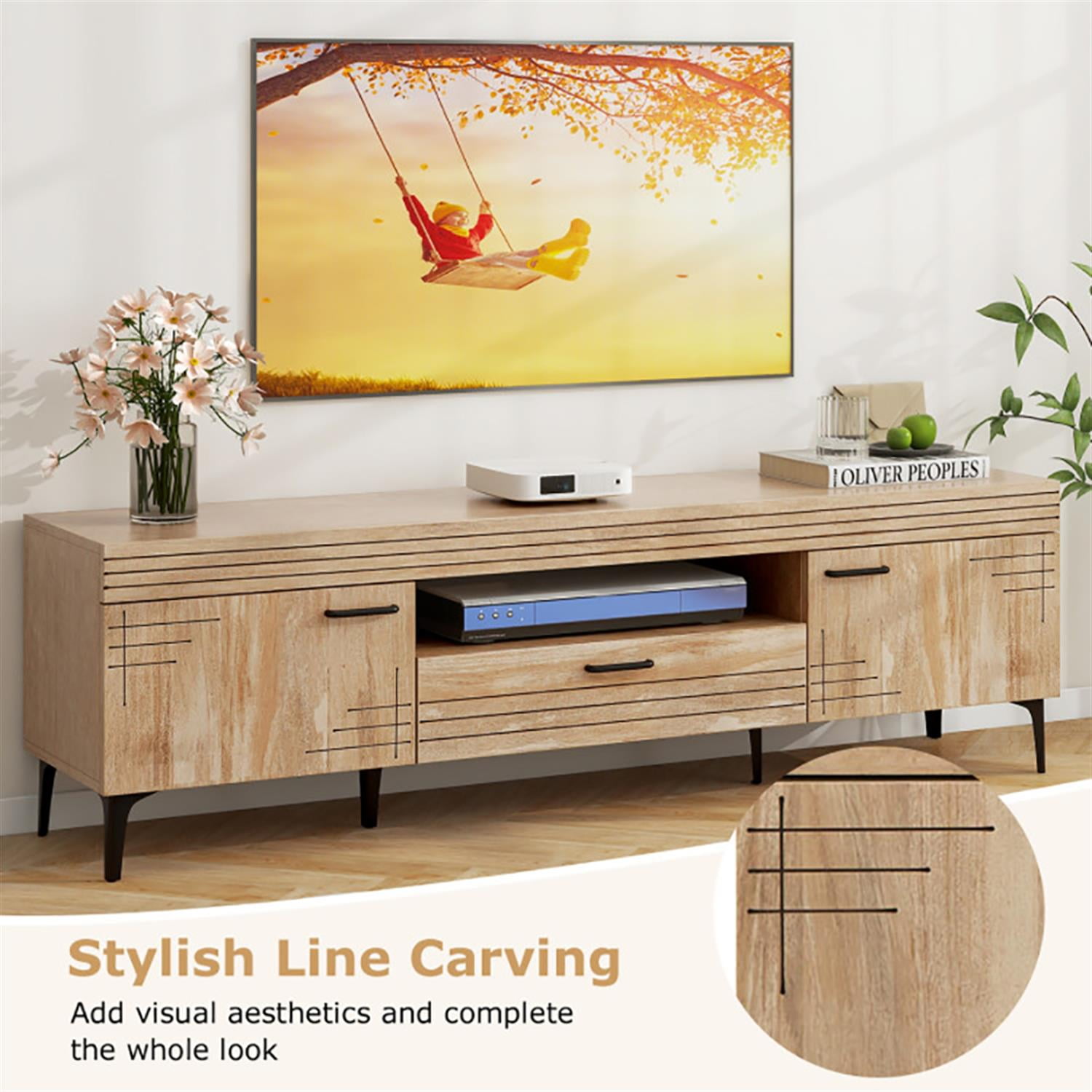 Demi Bonn TV Stand for 65" TVs, Entertainment Center with 2 Cabinets and Storage Drawer, Modern Media TV Console Table for Living Room Bedroom, Beige