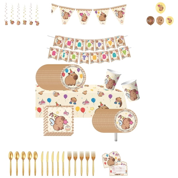 Deluxe Capybara Birthday Party Supplies Serves 10, Paper Disposable Tableware Kit with Plates Cups Napkins Banner Invitations Gold Cutlery Balloons Decorations