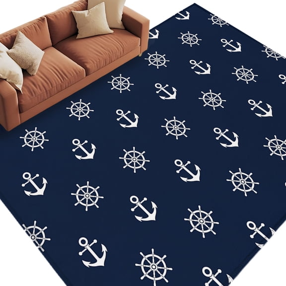 Nautical Coastal Area Rug 5x7 Washable Rug Non Slip Vintage Ocean Anchor Rudder Simple Navy Blue Large Area Rug Soft Stainresistant Indoor Floor Carpet for Living Room Bedroom Home Office Dining Room