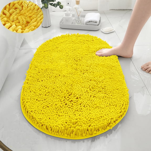 Soft Yellow Furry Chenille Bath Rug Oval 32" x 20" Non-Slip Backing Absorbent Bathroom Mats Floor Rugs Machine Washable