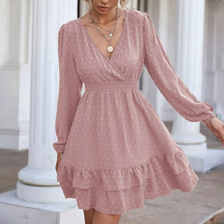 Outfmvch pink dress for women Short Sleeve V Neck Mini Dress Chiffon Dot  Flowy Short Dress womens dresses fall dresses 