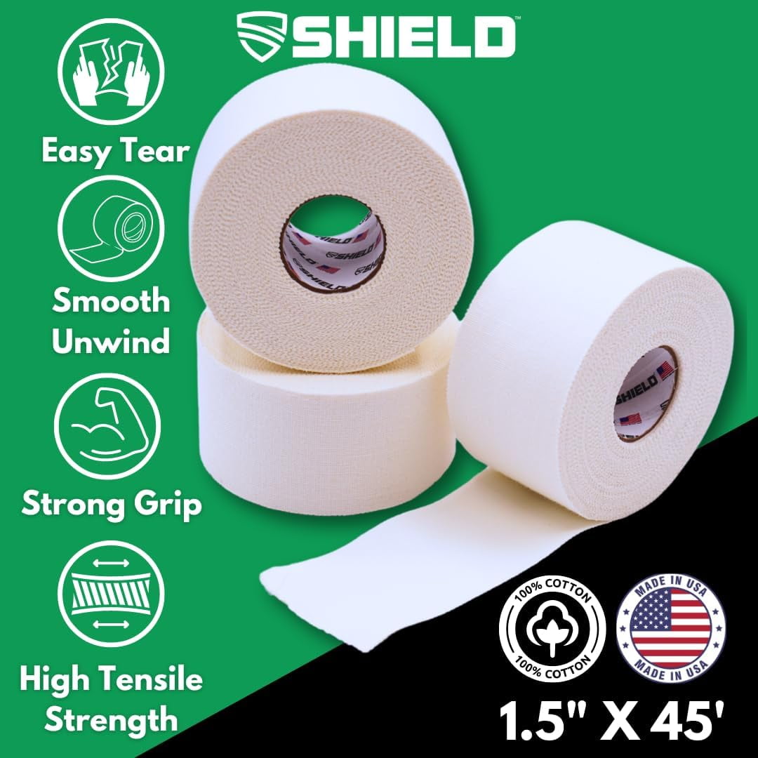 Shield Fitness Athletic Tape Case - 1.5"x 45', Made in USA | 32 Roll White Bulk Pack