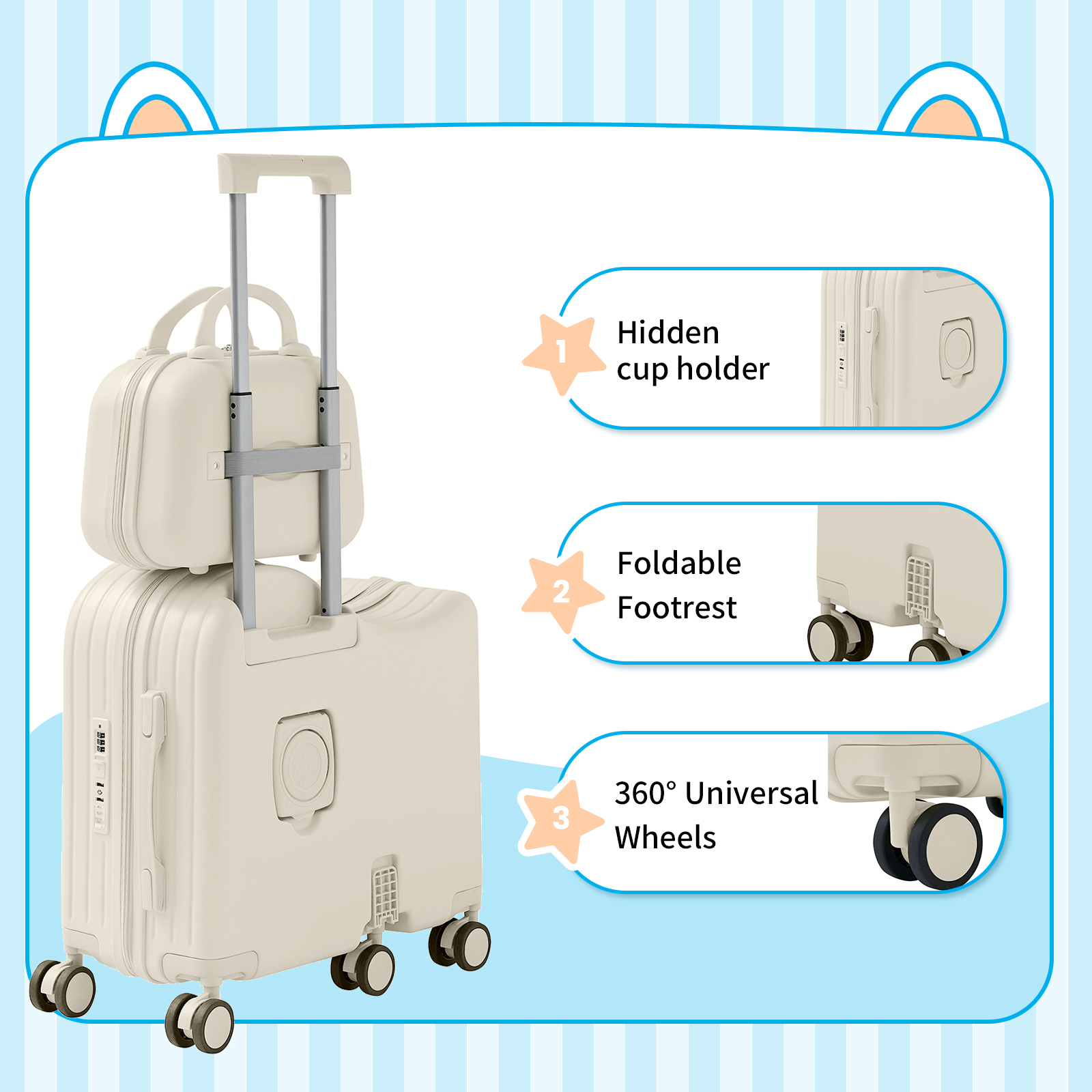 TABU Kids Ride on Luggage with Handbag, Hardshell Suitcase with 6-Spinner Wheels,Hidden Cup Holder,Foldable Pedal,White