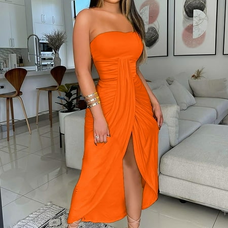 

jsaierl Women s Summer Solid Strapless Long Dress Beach Split Dress Party Club Dress for Women 2022