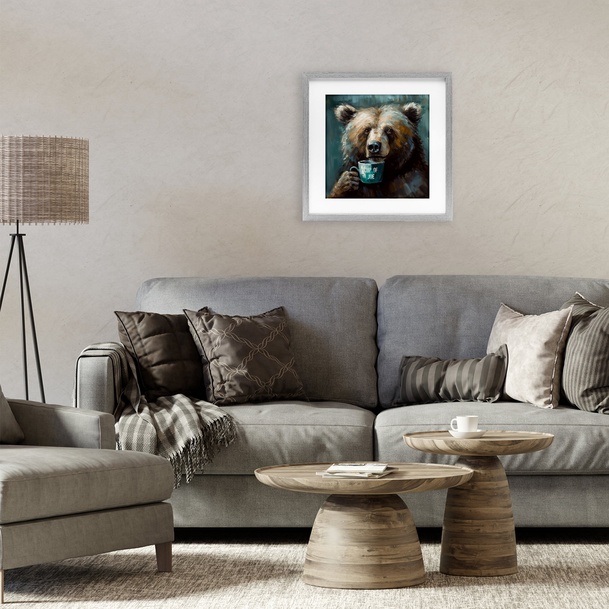 Stupell Industries Bear with Cup Of Joe Gray Framed Print Under Glass, design by Tina LeCour