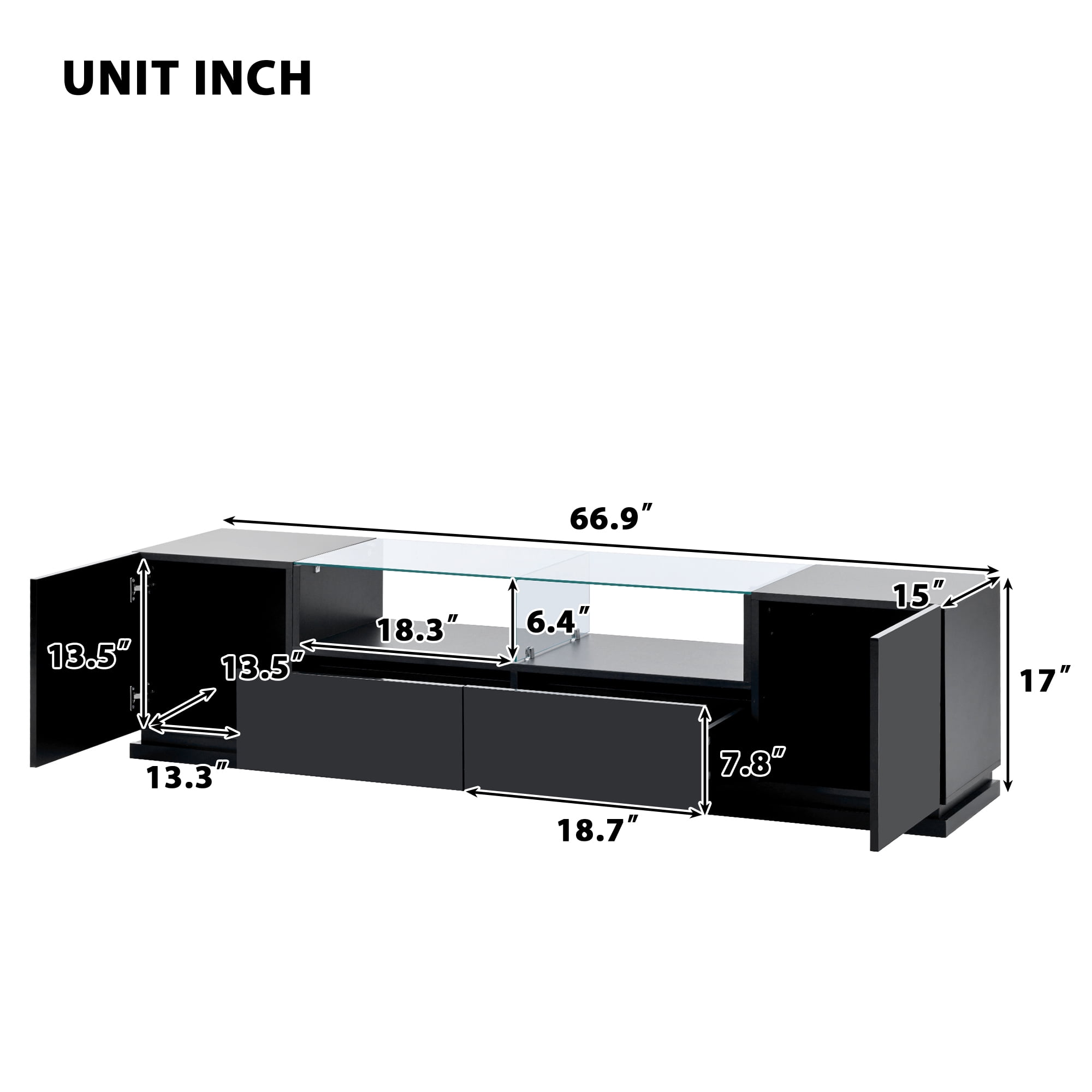 Momspeace Modern High Gloss TV Stand with Tempered Glass Shelf and 16-Color LED Light Strips for TVs up to 70'' -Black