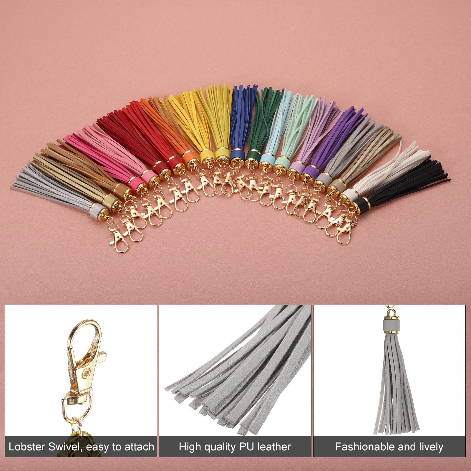 Unique Bargains PU Leather Tassels Keychain Charm with Lobster Swivel for Crafting Gray