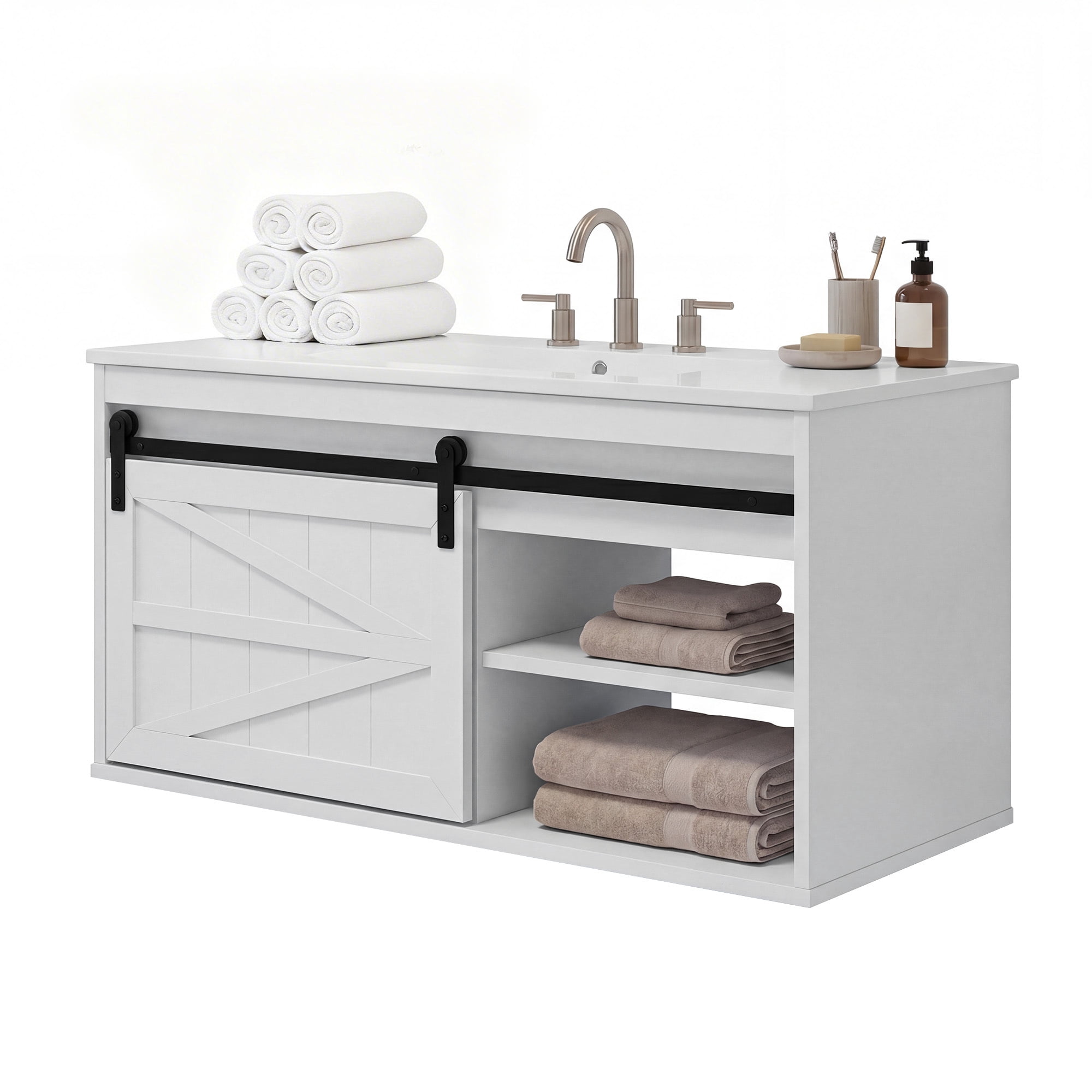 Uforic 36 Inch Farmhouse Floating Bathroom Vanity with Ceramic Sink, 7-Color LED Ambient Light for Bathroom Decor, White