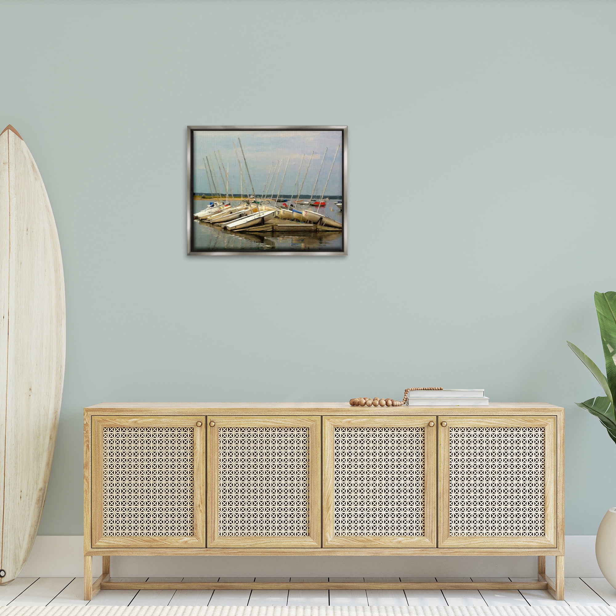 Stupell Industries Maritime Docked Boats Transportation Painting Gray Floater Framed Canvas Art Print Wall Art, 31 x 25