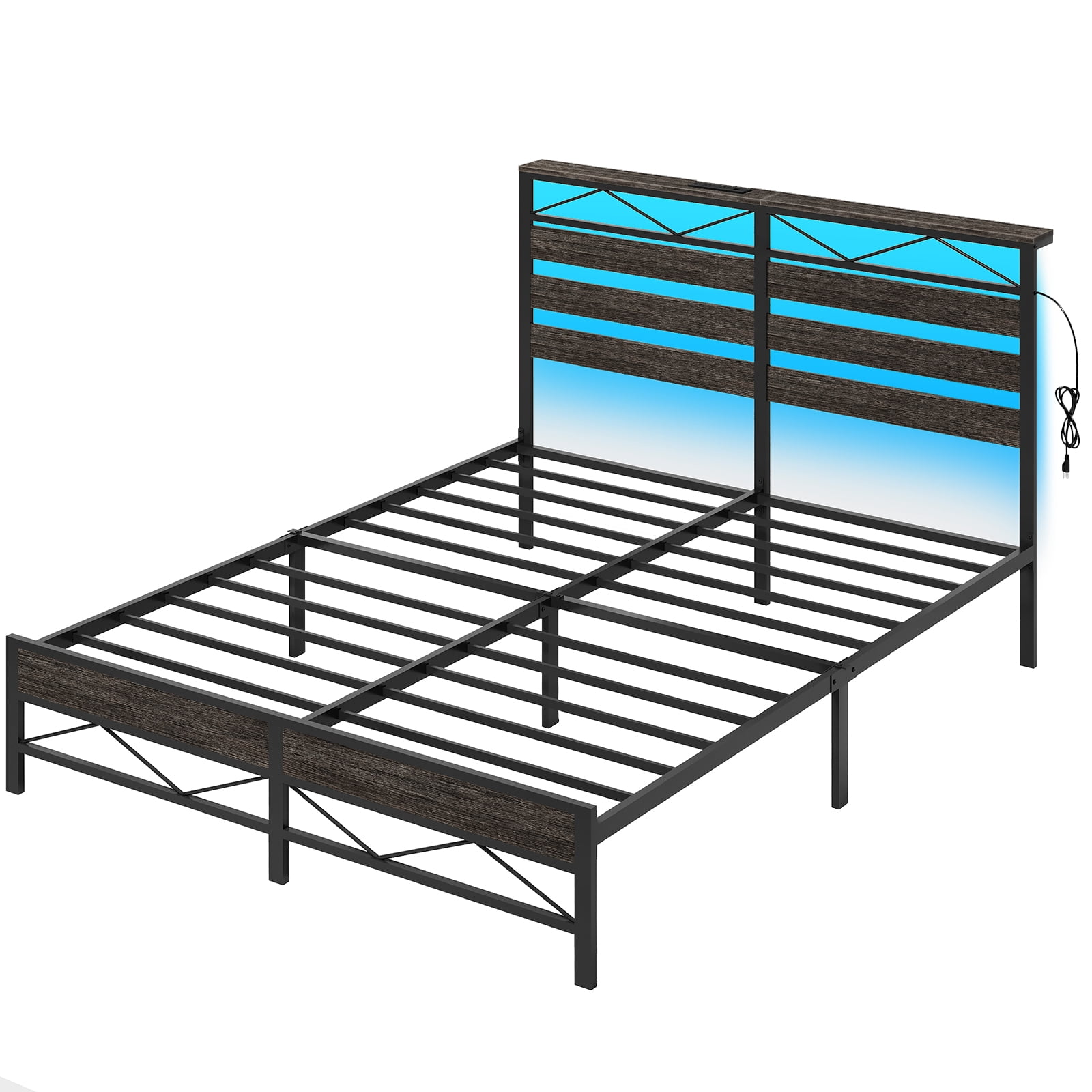 HOOBRO Queen Size Bed Frame with Headboard, LED Bed Frame with Storage Headboard and Charging Station, Bed Frame with 2 Outlets and 2 USB Ports, for Queen Beds, Charcoal Black BC22UDBF01