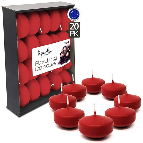 Hyoola 1.75 inch Round Unscented Red European Made Floating Candles, Paraffin Wax with Cotton Wicks, 20-Pack