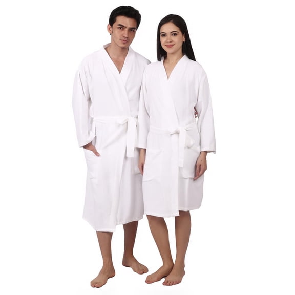 Feather Drape Women's Waffle 100% Cotton Bathrobe – Lightweight Spa Robe, Soft Breathable Loungewear, Kimono Style Belted Dressing Gown for Home, Hotel & Travel | Large | White