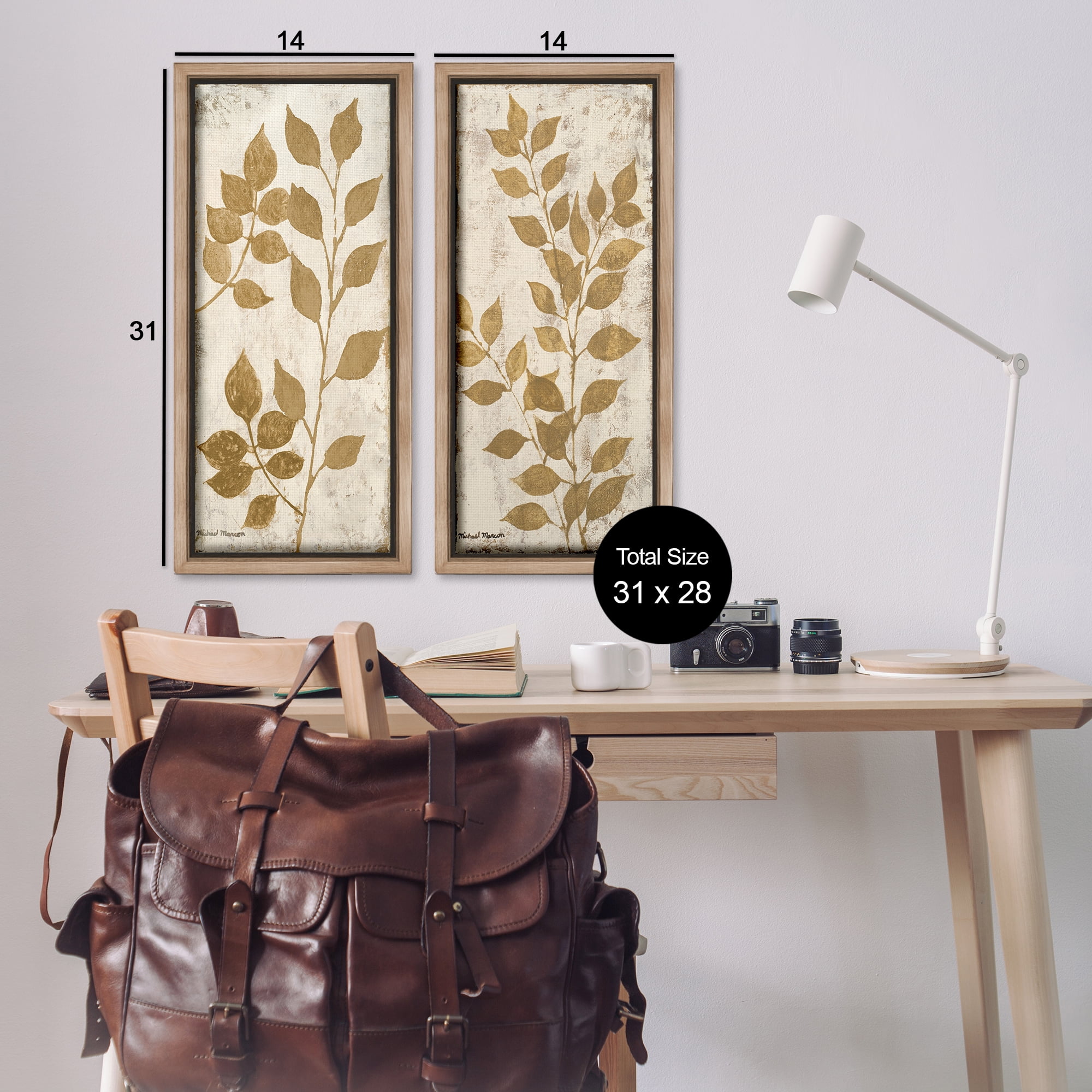 Stupell Industries Distressed Natural Leaves Floral & Botanical Painting Brown Floater Framed Canvas Art Print Wall Art, 14 x 31, Set of 2