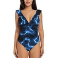 thumbnail image 2 of Goofa Blue Lightning Print Women's Ruffled One Piece Swimsuit V Neck, 2 of 7