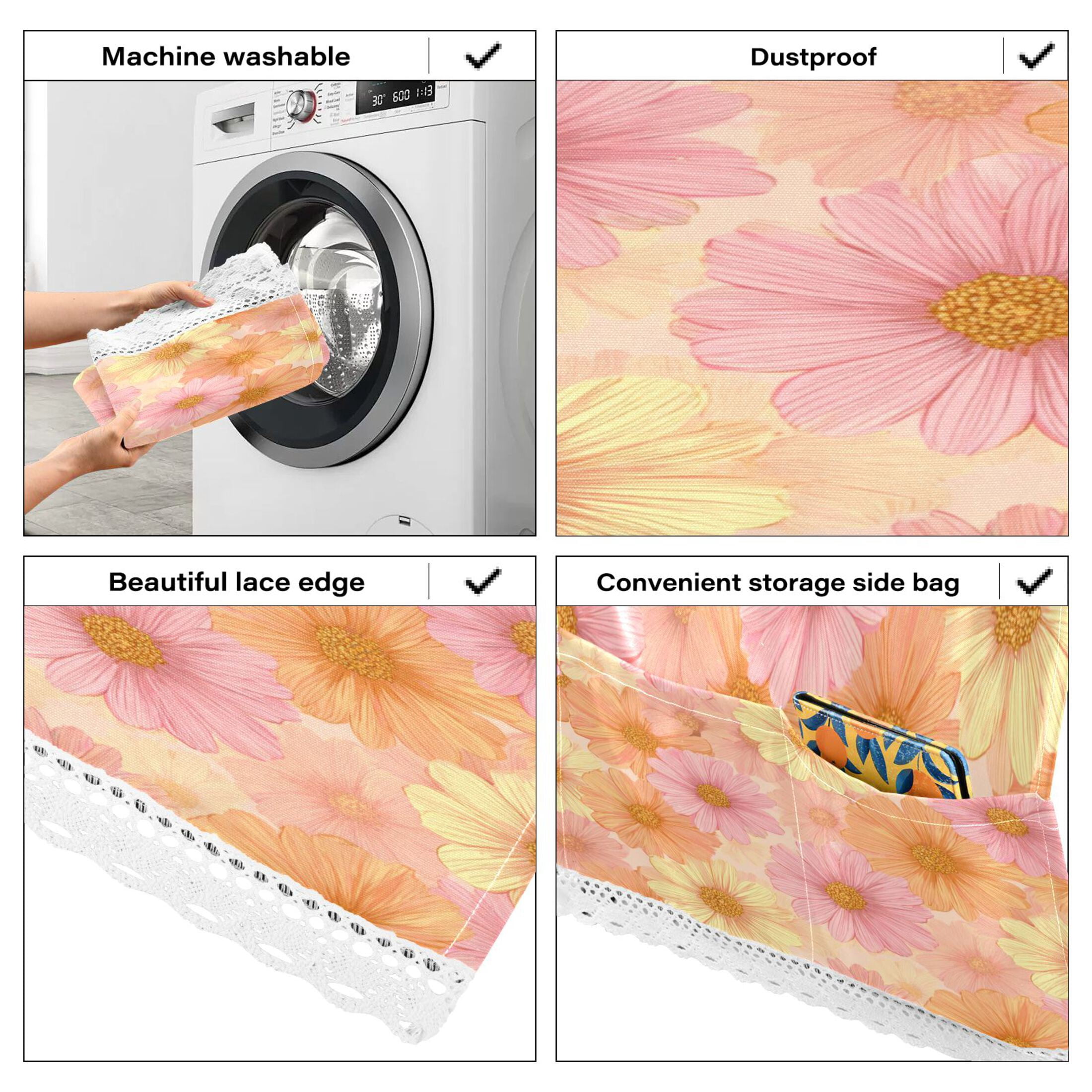 Wobogo Pink Daisies Washing Machine Cover Dustproof Washer Dryer Cover Waterproof Laundry Room Decorative Protector