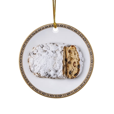 German Stollen Bread with Raisins Germany Dessert Dish Cuisine Food FLAT PRINTED IMAGE on Ceramic Ornament – NOT 3D Double-Sided Design Christmas Ornament Foodie Gift Tree Decor